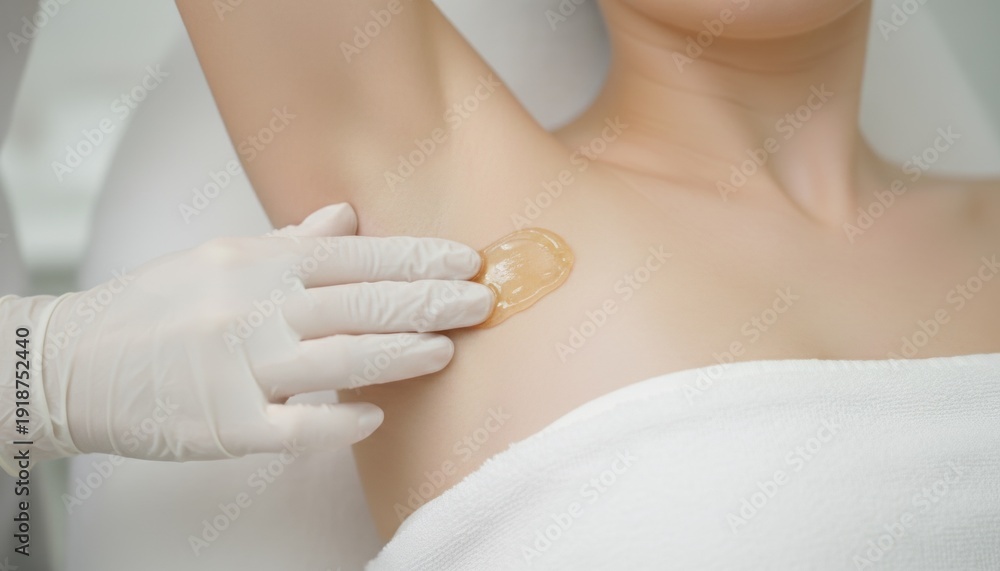 Naklejka premium Esthetician applying warm sugar wax paste to woman's smooth underarm skin during depilation procedure.