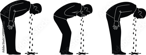 Sick man vomiting silhouette vector illustration, nausea and food poisoning symptom concept, healthcare emergency graphic isolated on white background