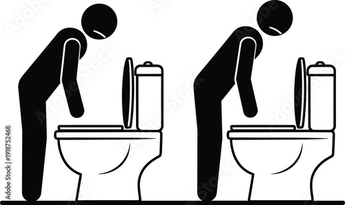 Sick man vomiting into toilet silhouette vector illustration, nausea food poisoning symptom concept, healthcare emergency isolated on white background