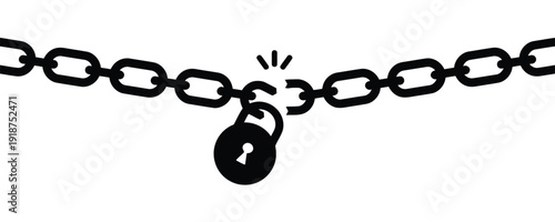 Broken chain link with padlock symbol representing freedom security breach or end of restriction