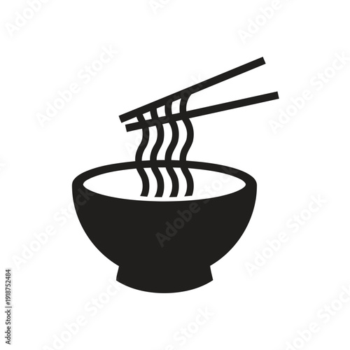 Bowl of noodles with chopsticks icon illustration black and white