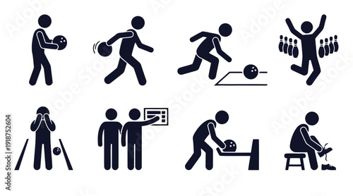 Bowling sport game icons people playing bowling and celebrating winning points