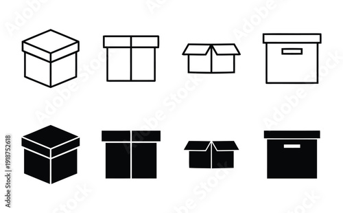 Box and container icons in isometric, flat, and open perspectives