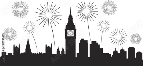 London city skyline silhouette with fireworks, Big Ben landmark celebration vector illustration, urban night scene design isolated on white background