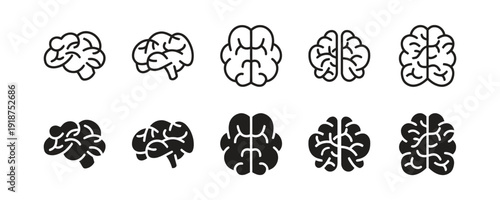 Brain vector icons in different views showing human intelligence