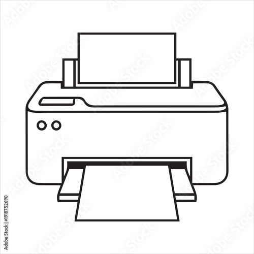 Simple line drawing of a modern inkjet printer with a sheet of paper emerging