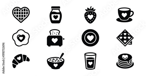 Breakfast and food vector icons with delightful heart embellishments for culinary themes