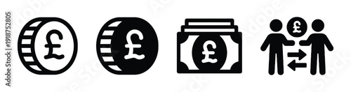 British pound coin banknote and people transaction icons in black and white finance concept