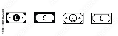 British pound sterling banknote icons in various styles for finance and currency concept