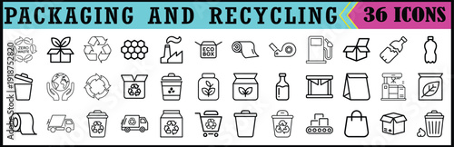 Packaging and Recycling Line Icon Set, Collection of packaging and recycling line icons featuring containers, bottles, boxes, and eco symbols for waste management and sustainability themes.


