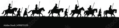 Medieval cavalry procession silhouette, mounted knights and soldiers with spears, historical army march, black vector illustration, isolated on white background