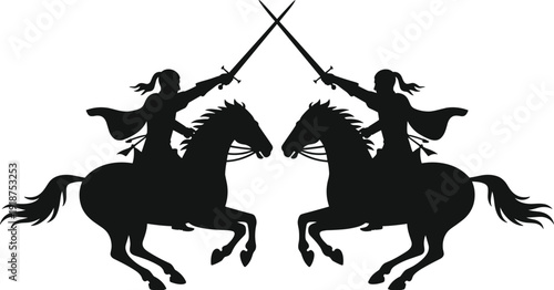 Medieval knight on horseback silhouette, crossed swords cavalry warriors, historical battle concept, black vector illustration isolated on white