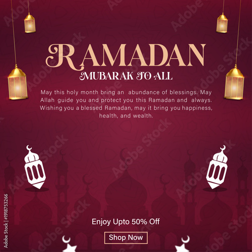 Ramadan Mubarak Greeting Card with 50% Off Sale Promotion, Islamic Holy Month Celebration Banner with Luxury Golden Lanterns, Ramadan Kareem Social Media Post Template with Mosque Background, Spiritua