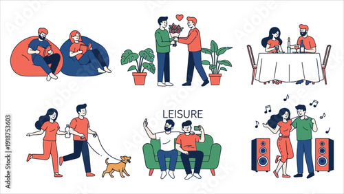 Happy Couples in Love Spending Time Together – Romantic Lifestyle and Relationship Vector Illustration Set.