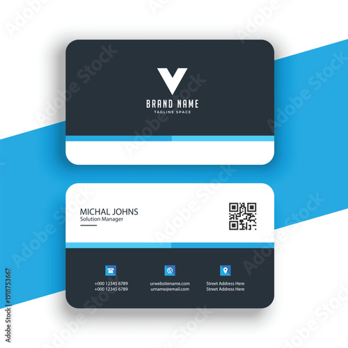 Minimalist dark business card design with blue stripe and QR code for professional contact information and digital integration vector