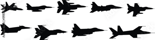 Military fighter jet silhouettes collection, modern combat aircraft side view, isolated black vector set of air force planes on white background