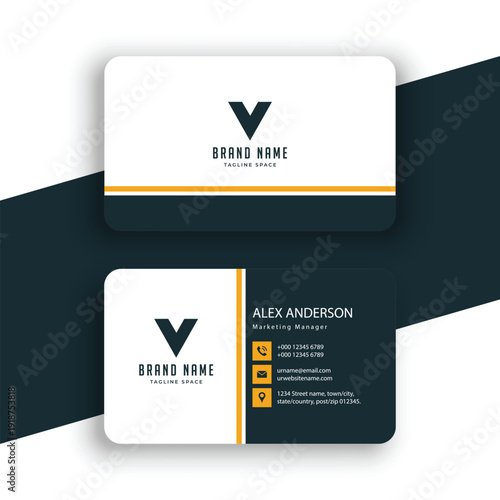 Professional dark business card design with yellow stripe for brand identity and contact information vector graphic
