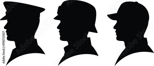 Military profile silhouettes set, soldier head side view, army uniform caps, service personnel portrait, defense forces illustration collection