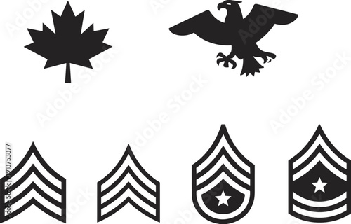 Military insignia silhouette set, army rank chevrons eagle emblem and maple leaf isolated on white background, vector illustration icons