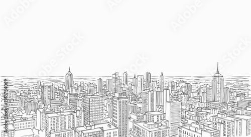 Detailed Sketch of a Bustling Cityscape Skyline.
