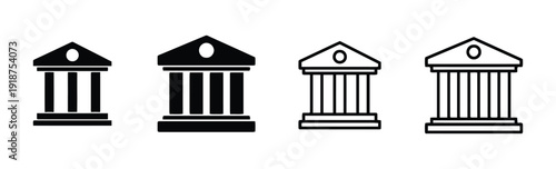 Building icons resembling classical architecture, bank, or government building, solid and outline