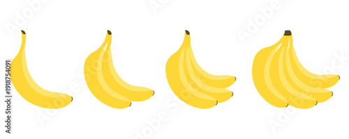 Bunch of ripe yellow bananas in different quantities on white background