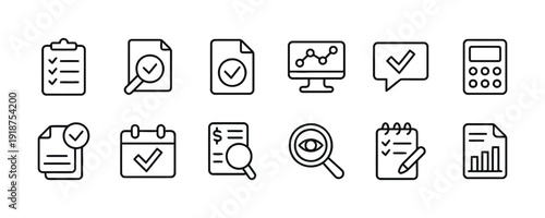 Business analytics icons and symbols for finance auditing and strategy planning on white background