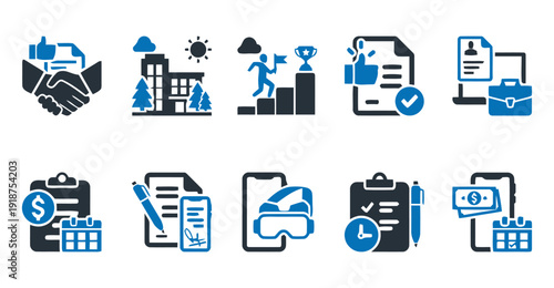 Business and career icons featuring handshake, office building, growth, document, and online meeting setup