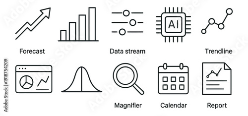 Business analytics icons for forecasting and data analysis, including chart, magnifier and calendar