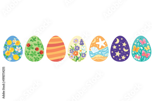 A vibrant collection of seven intricately decorated Easter eggs, each featuring unique patterns and designs, set against a clean white background.