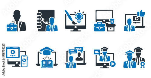 Business and education icons for professional development, online learning, and collaboration