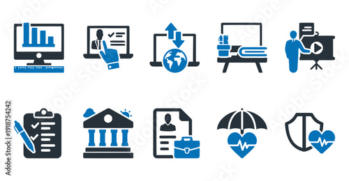 Business and education icons set for presentation, finance, and professional development