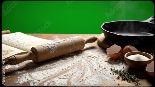 Rustic kitchen scene with baking ingredients flour, rolling pin, eggs, sugar, and a steaming pan on a wooden table, evoking homemade culinary joy
