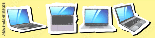 Set laptop editable halftone scrapbook element vector for retro pop art and zines. Ideal for symbolizing vintage computing, nostalgic tech, and creative collage designs.