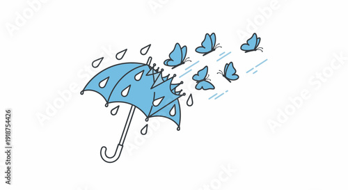 Blue Umbrella with Raindrops and Butterflies.