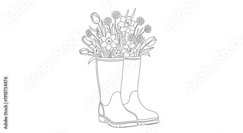 Illustration of boots with gardening tools.