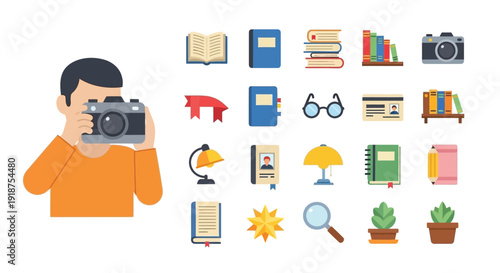 A person holding a camera and a collection of icons representing books, cameras, and office supplies.