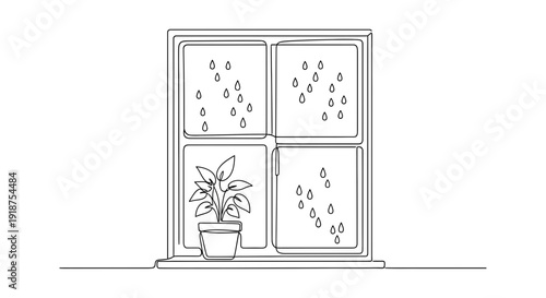 Potted Plant on Windowsill with Raindrops.
