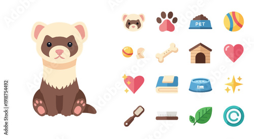 A cute cartoon illustration of a ferret sitting next to a collection of pet-related icons, including a paw print, food bowl, toy ball, bone, house, and heart.