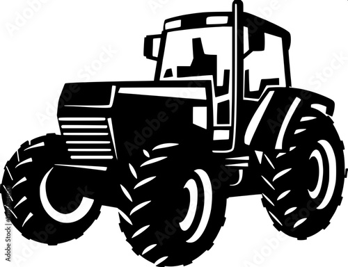 High contrast black and white agricultural tractor illustration, side profile, clean logo style