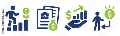 Business finance icons showing growth investment and career progression with money and charts