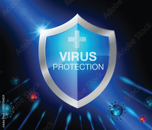 Virus protection shield with cross symbol against blue background