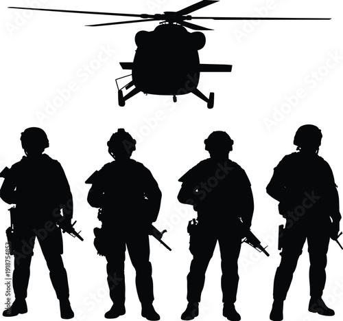 Military soldiers silhouettes with helicopter, armed forces team standing, tactical combat unit, isolated black vector illustration on white background