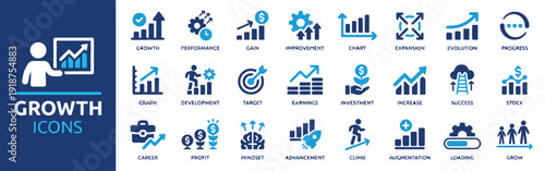 Business growth icons illustrating progress, finance, and success