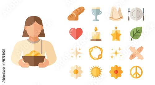 A person holding a bowl of food, surrounded by various icons representing sustenance, celebration, and well-being.