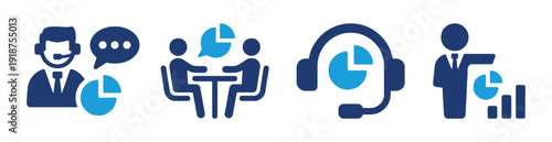 Business meeting and consulting icons set vector illustration showing collaboration and analysis presentation