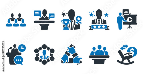 Business meeting and presentation icons set for corporate communication and teamwork