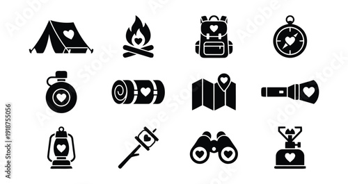 Camping and outdoor adventure icons with heart motifs for travel and exploration