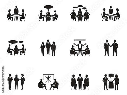 Business meeting icons people discussing and collaborating around table vector graphics