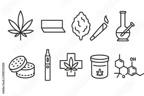 Cannabis and marijuana icons, including leaf, joint, bong, and vape pen